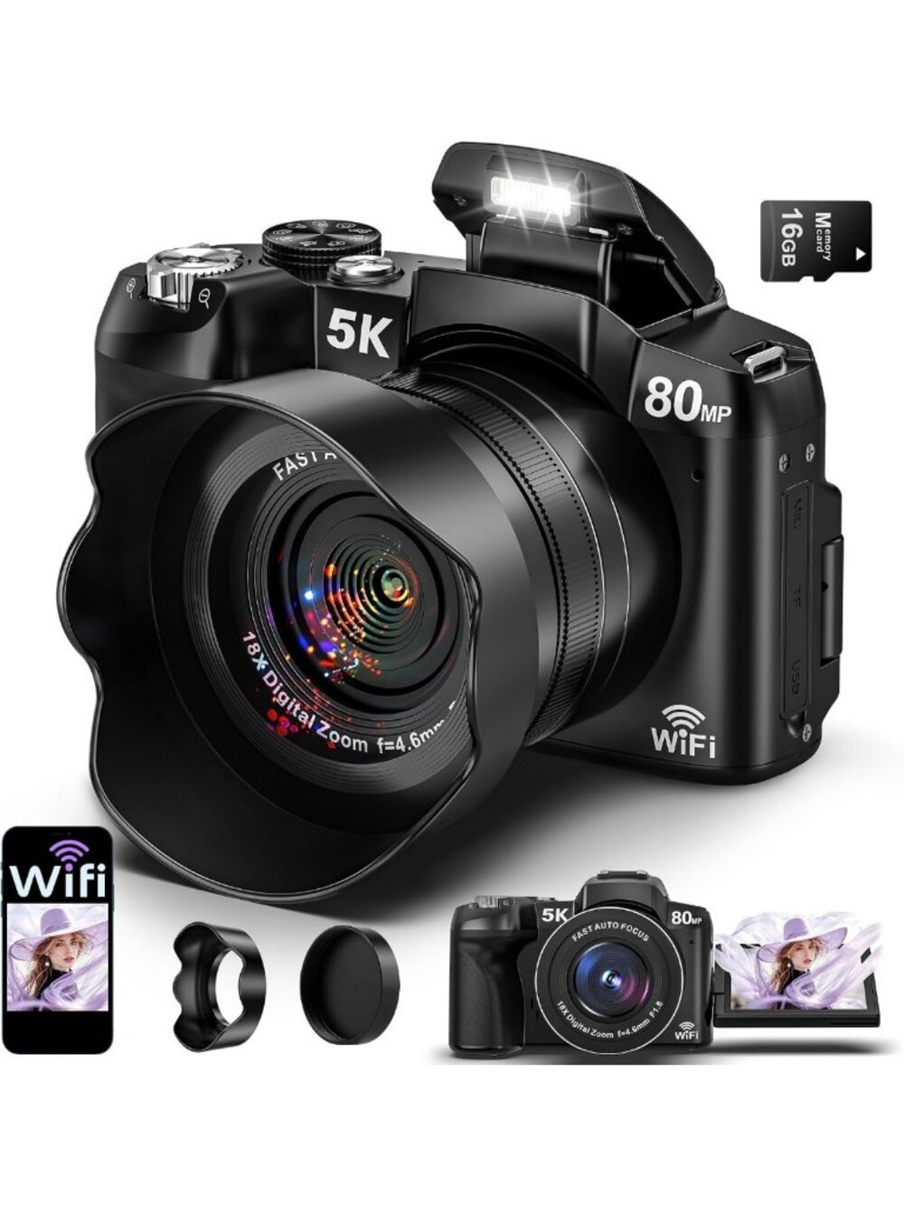 5K Digital Camera with WiFi, 80MP UHD, Autofocus - Perfect for Vlogging